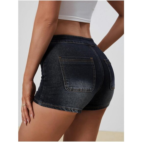 Dark Blue Women's High Waist Denim Shorts Straight Leg Roll Up Hem Button Jean - Picture 3 of 5